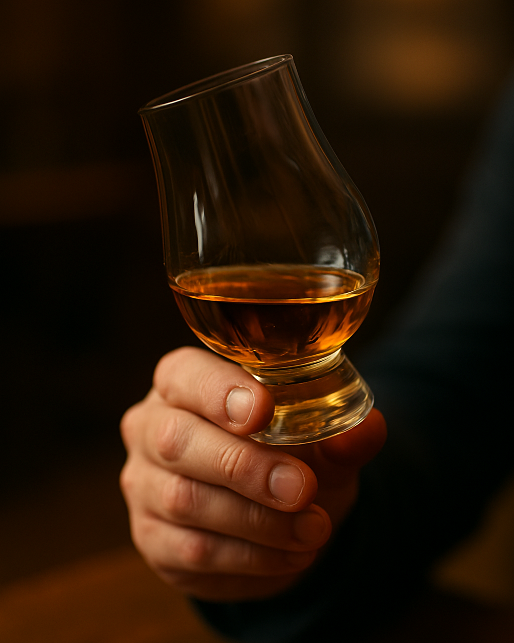 Close-up of a hand holding a glass of amber-colored whiskey against a dark background.