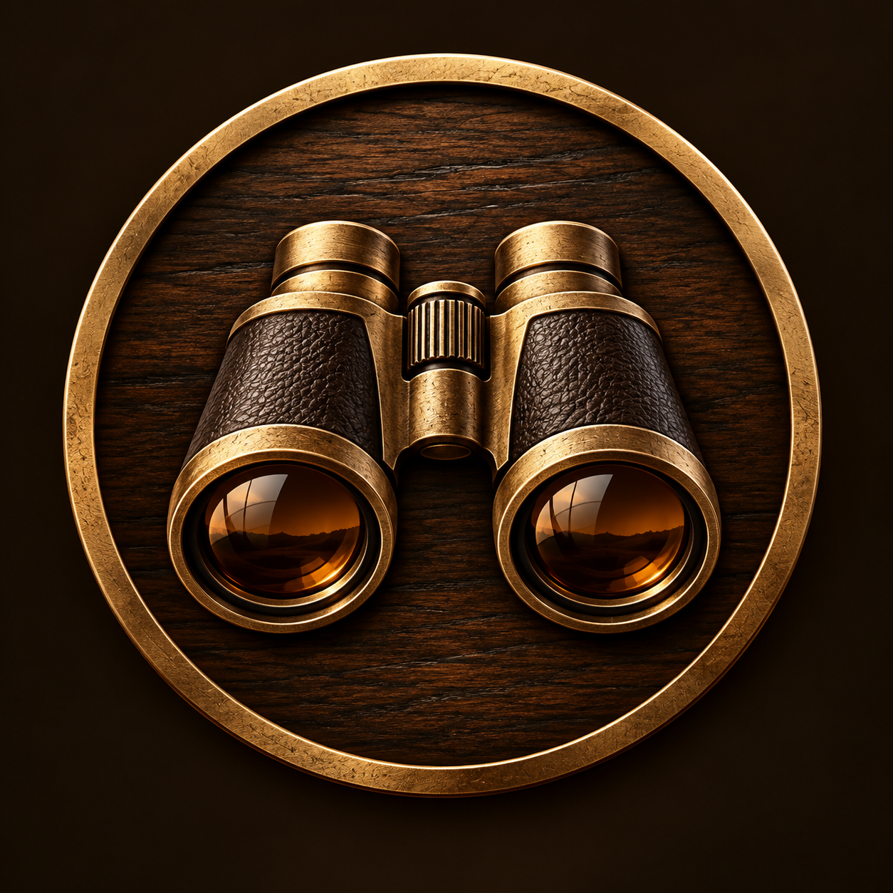 Vintage binoculars with gold accents, mounted on a wooden surface with a circular frame.