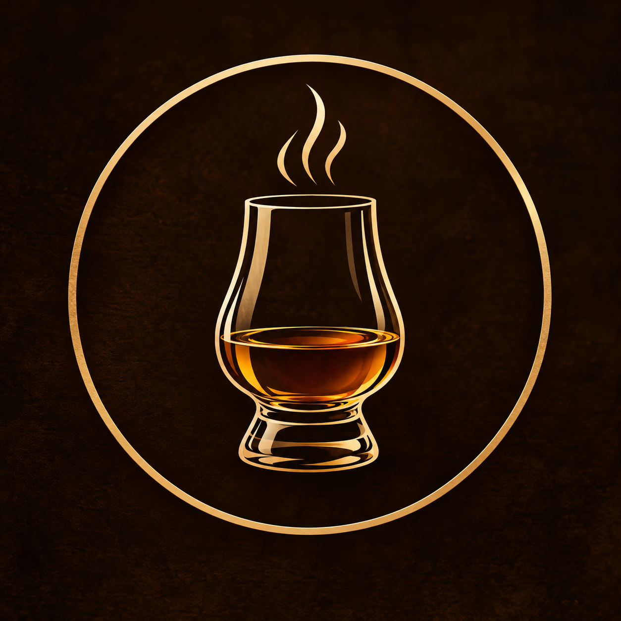 Stylized illustration of a whiskey glass with a dark brown liquid and steam rising from it, enclosed in a circular border on a dark background.