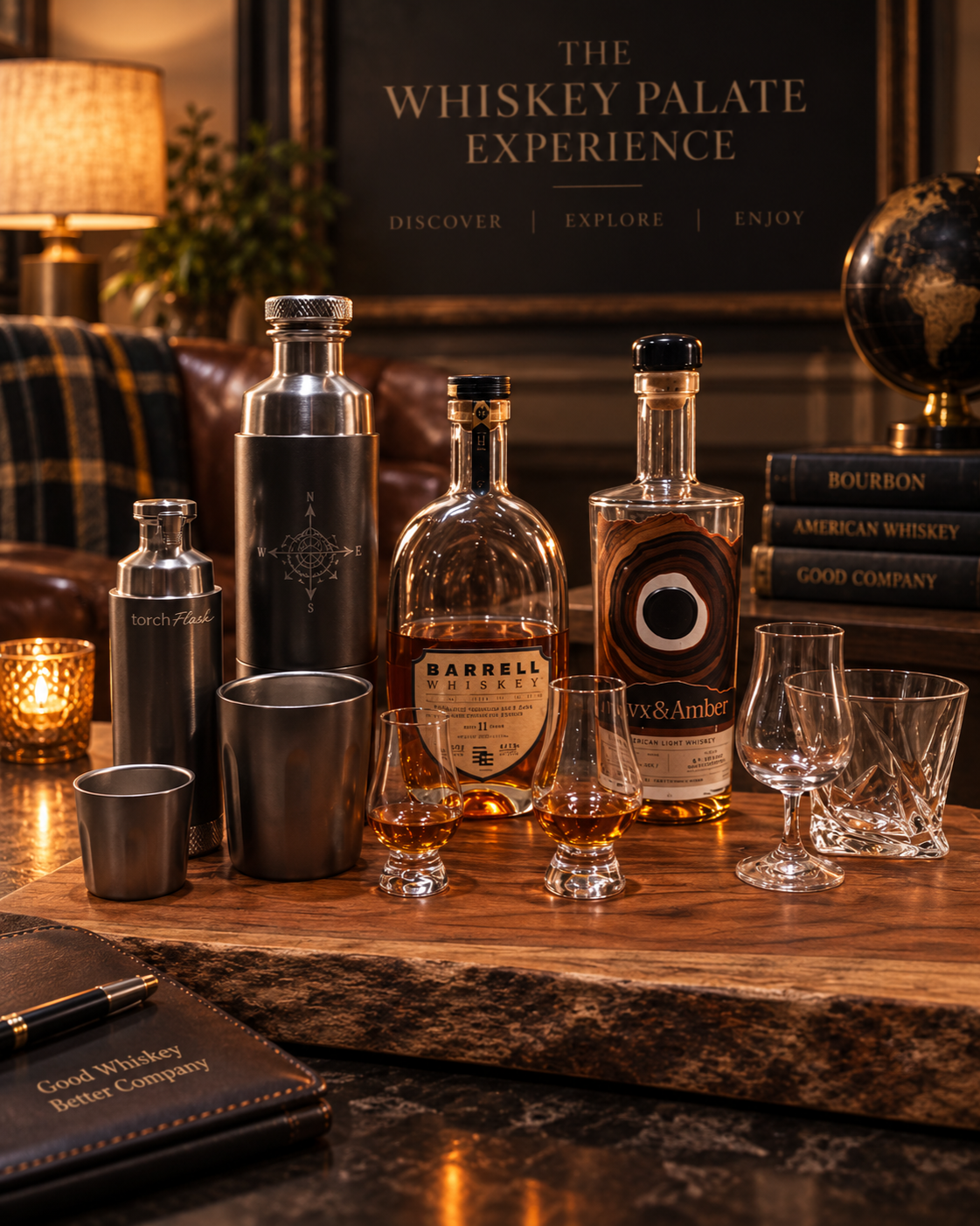 Various bottles of whiskey, whiskey glasses filled with whiskey, a metal torch flask, a black leather notebook, and a small candle on a wooden bar table in a cozy room with a dark background.