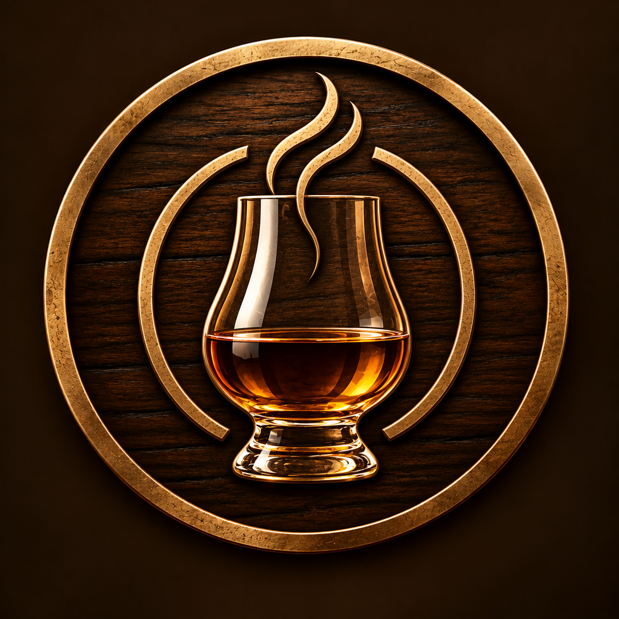 A circular sign featuring a glass of whiskey with steam rising, set against a dark wooden background with a gold border.
