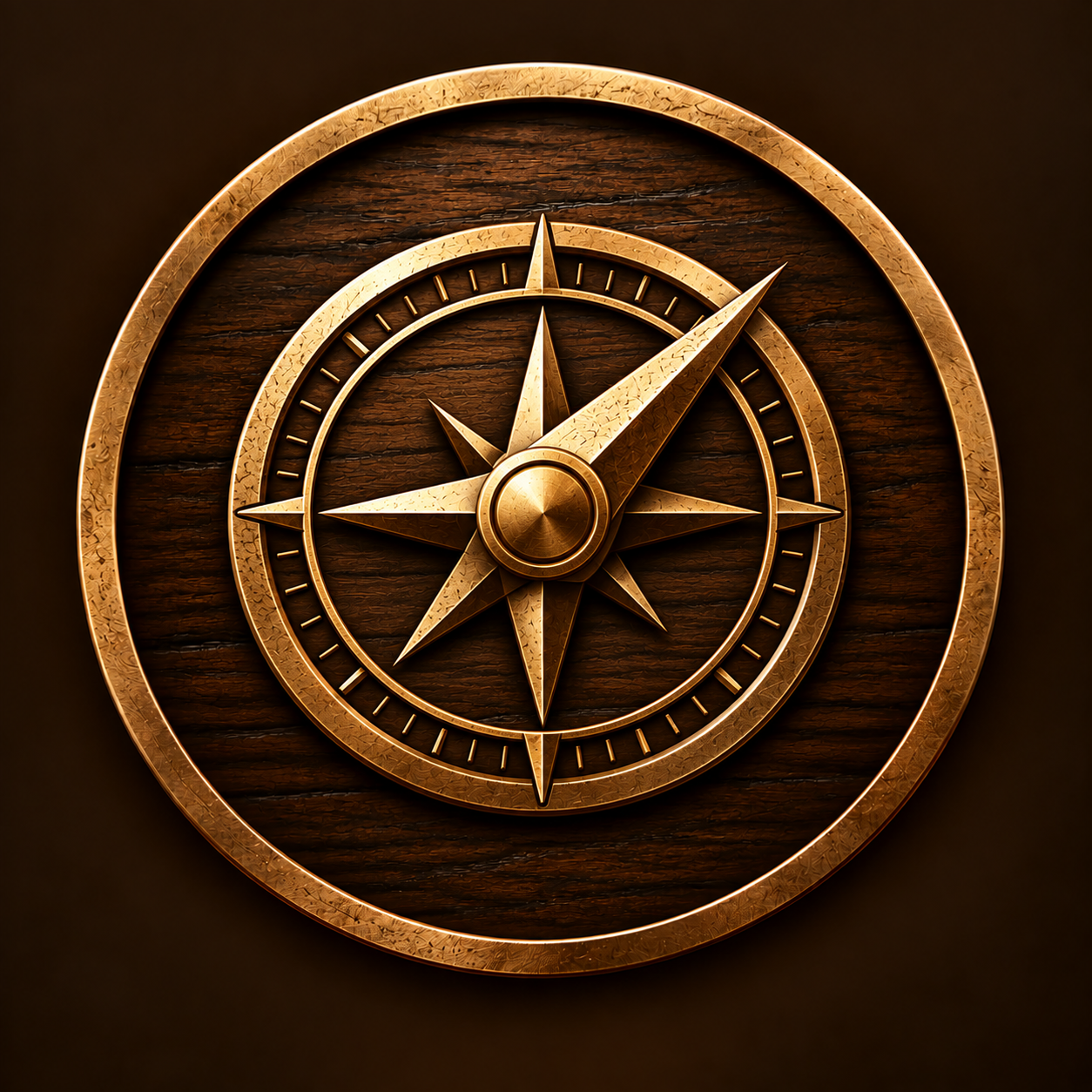 A decorative wall clock with a nautical compass design, featuring gold accents on a wooden background.