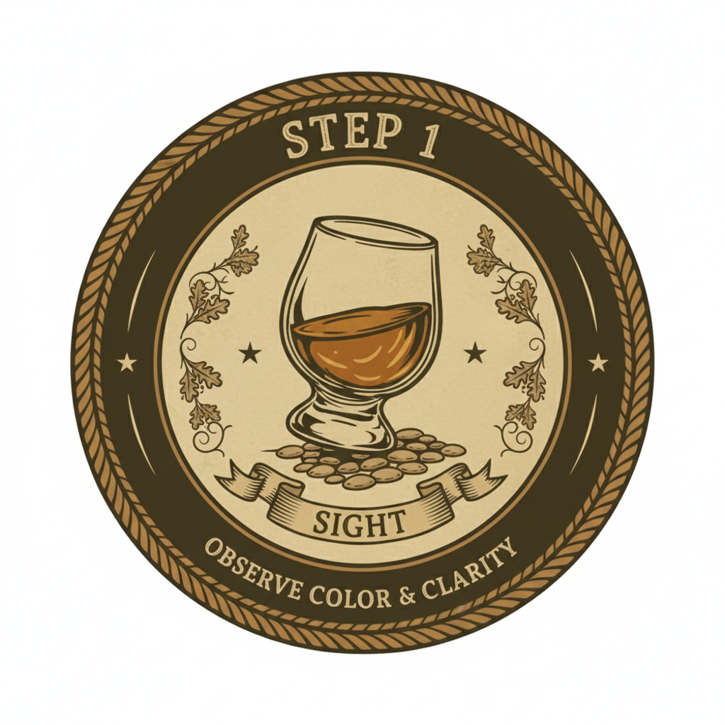 A circular badge with a decorative border, featuring a glass of whiskey on ice with a few ice cubes and some scattered pebbles underneath. The badge has the text 'Step 1 Sight' and 'Observe color & clarity' written around it, emphasizing the first step in assessing whiskey.