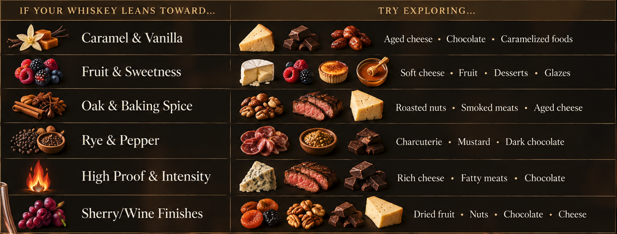Cheat sheet for whiskey pairing, featuring categories: Caramel & Vanilla, Fruit & Sweetness, Oak & Baking Spice, Rye & Pepper, High Proof & Intensity, Sherry/Wine Finishes. Each category shows suggested food pairings and exploring options like aged cheese, chocolate, caramelized foods, soft cheese, fruit, desserts, glazes, roasted nuts, smoked meats, aged cheese, charcuterie, mustard, dark chocolate, rich cheese, fatty meats, dried fruit, nuts, and cheese.