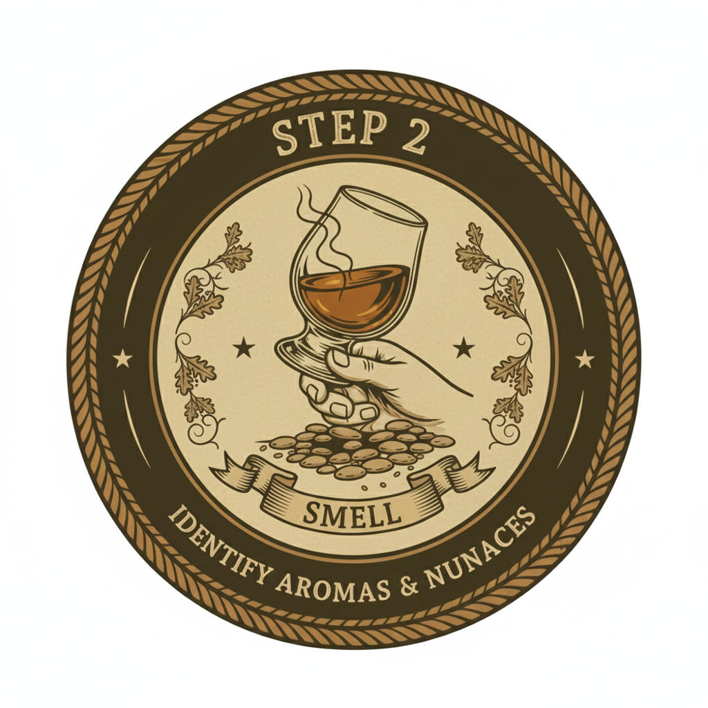 A circular label with a vintage design, featuring a hand holding a glass of whiskey. The text on the label says 'Step 2', 'Smell', and 'Identify Aromas & Nuances.' The background has decorative elements of leaves, stars, and a banner.