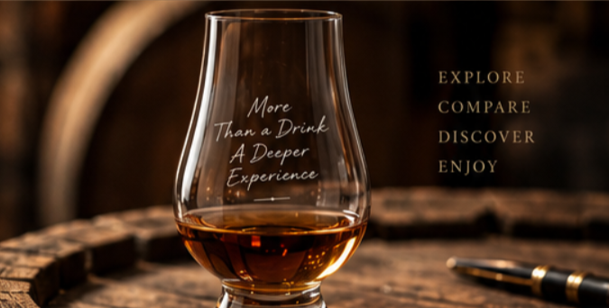 A glass of whiskey on a wooden surface with inspirational text on the glass and background, and a pen nearby.