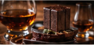 A dessert with a chocolate cube on top, served on a glass plate with a glass of dark amber liquid nearby.