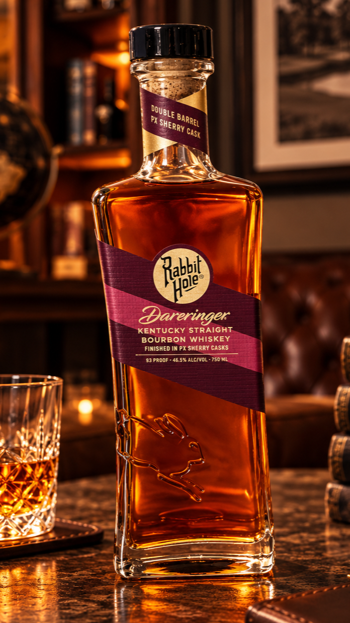 A bottle of Rabbit Hole Dareringer Kentucky Straight Bourbon Whiskey on a bar counter, with a glass of whiskey nearby, in a dimly lit bar setting.