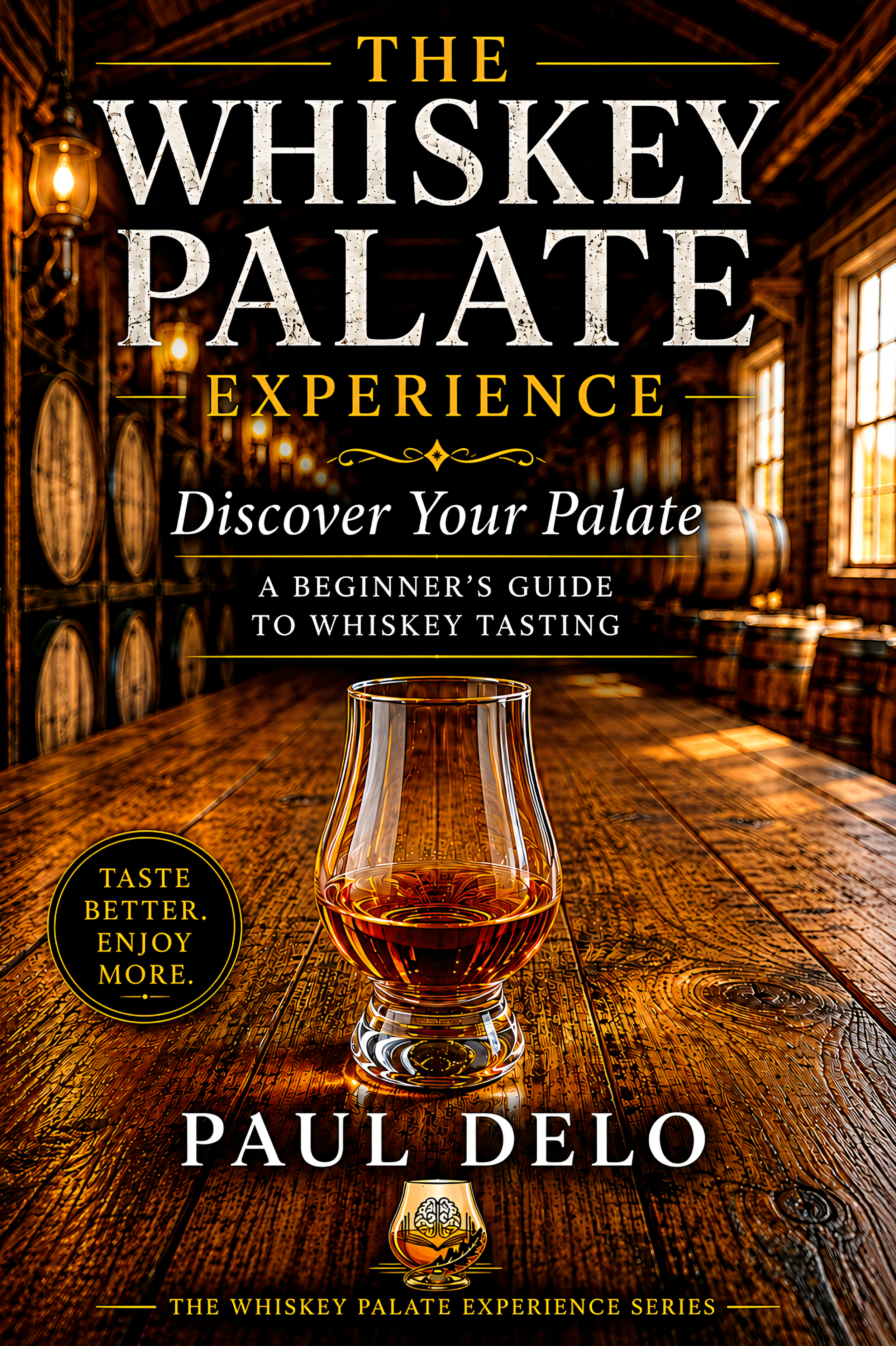 Book cover titled 'The Whiskey Palate Experience' by Paul DeLo, showcasing a glass of whiskey on a wooden table in a rustic bar with barrels and warm lighting.