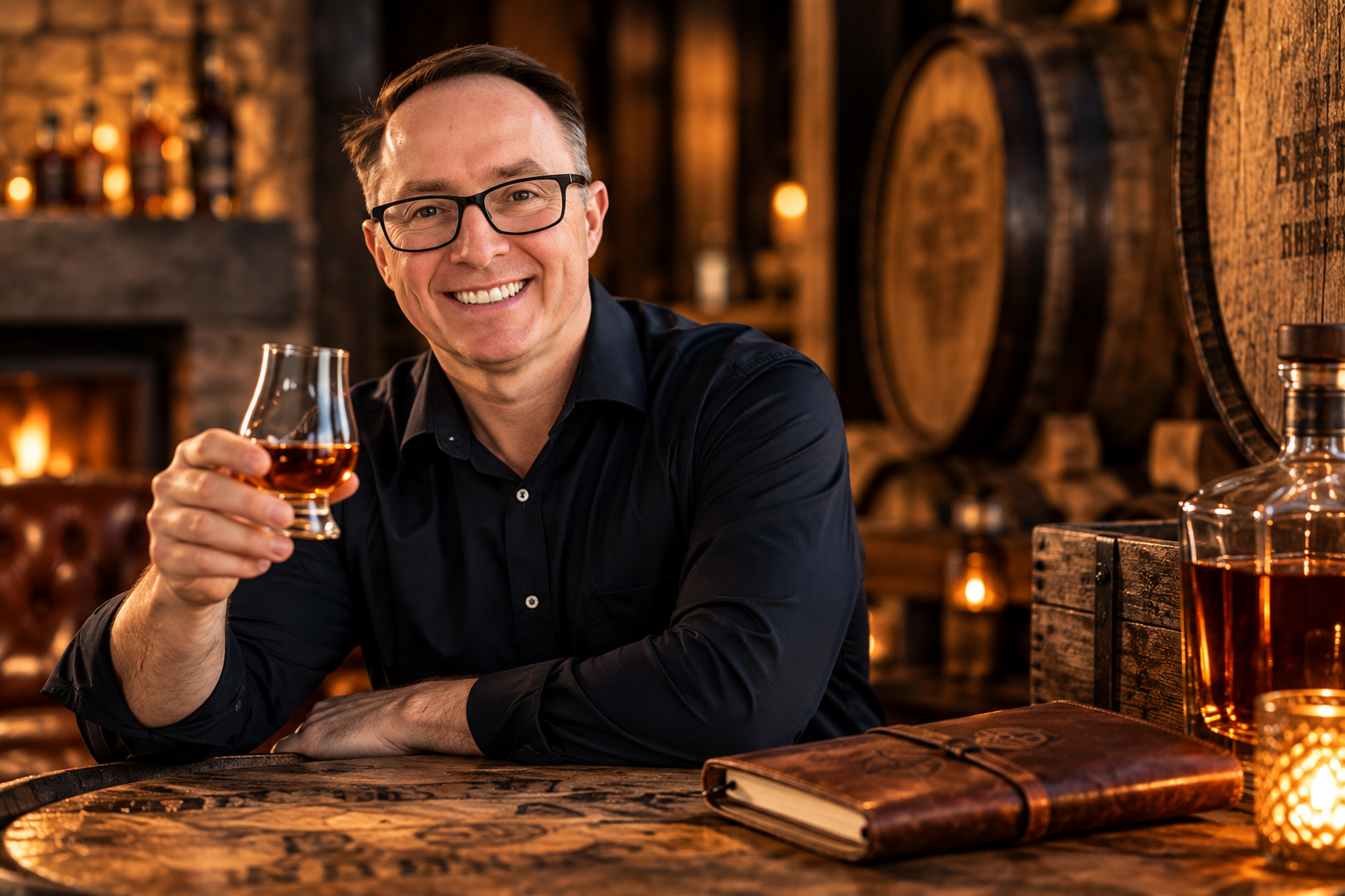 A smiling man wearing glasses and a dark shirt, holding a glass of whiskey, sitting at a wooden bar with large barrels in the background, warm lighting, and a leather-bound notebook on the table.