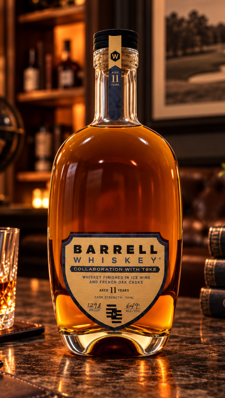 A bottle of Barrel Whiskey with an 11-year aging label, placed on a wooden bar counter with a glass of whiskey to the side, and a background of warm ambient lighting and bookshelves.