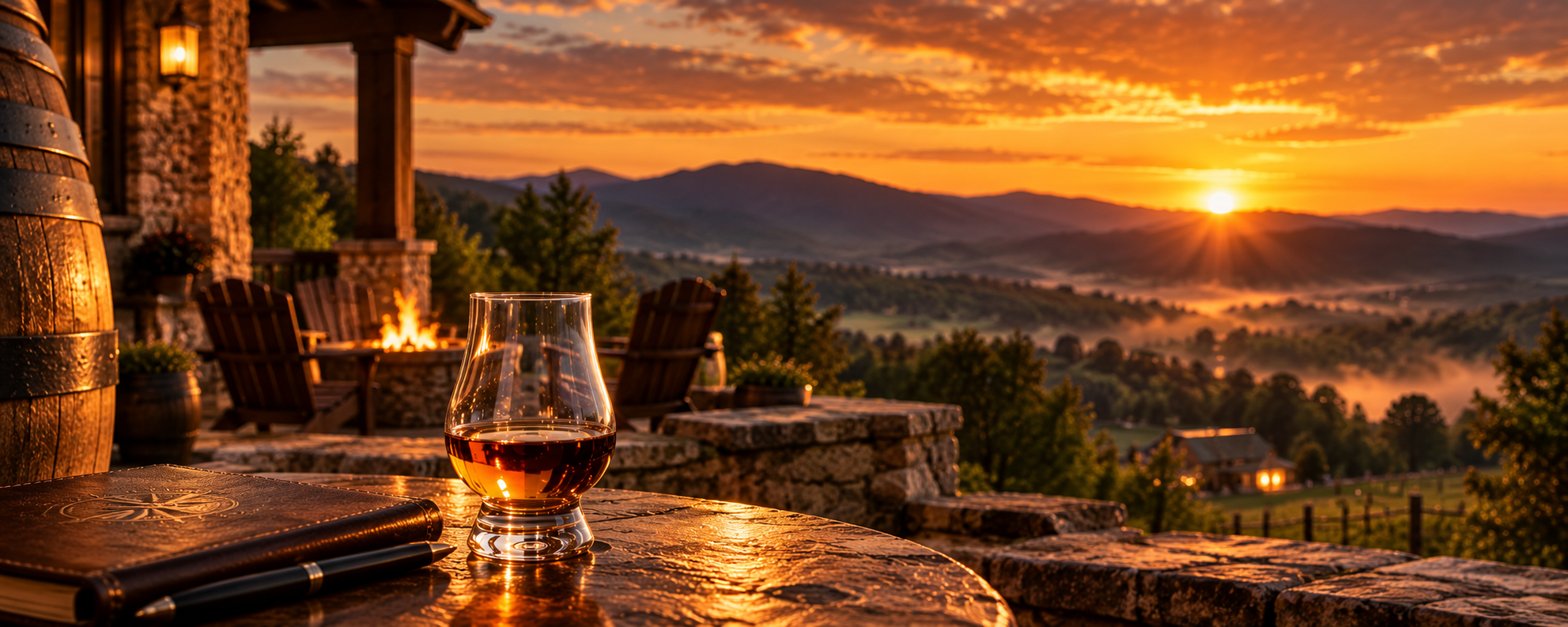 A glass of red wine on a wooden table at a rustic outdoor patio during sunset, with rolling hills and a fire pit in the background.