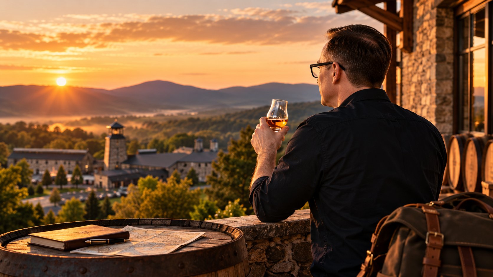 Man in black shirt with glasses sitting on a balcony with a glass of rosé wine, overlooking a landscape at sunset. There are books, a map, and a backpack on a barrel table nearby, with a church, trees, and mountains in the background.