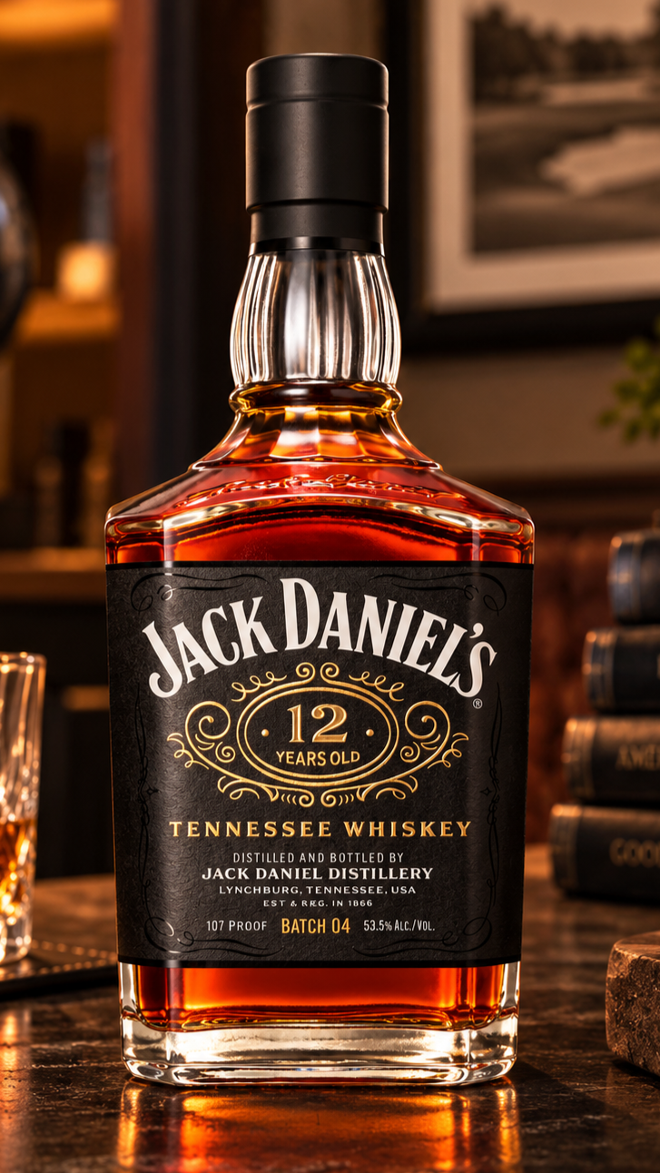 A bottle of Jack Daniel's Tennessee Whiskey, 12 years old, on a bar counter with a glass of whiskey beside it.