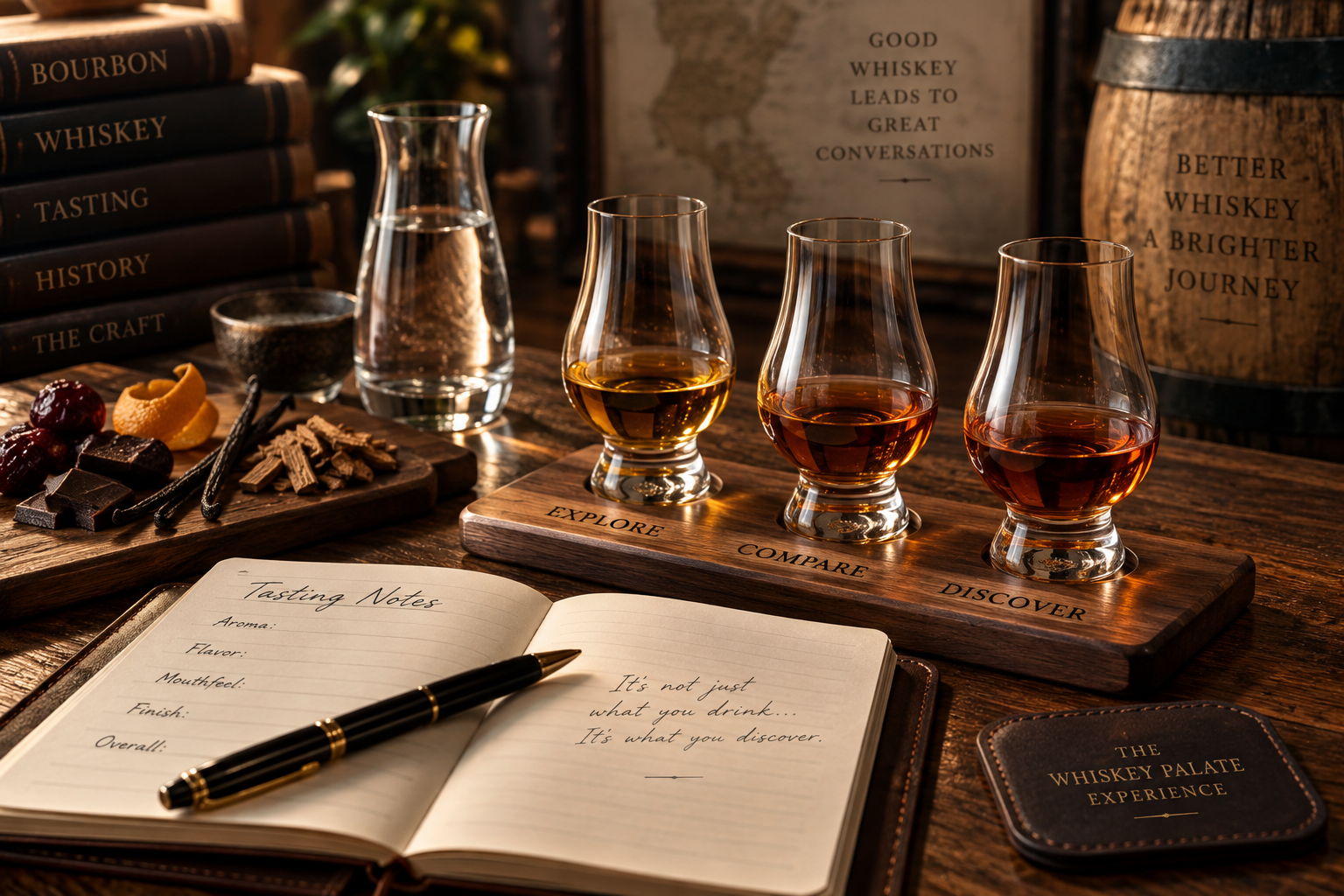 Whiskey tasting setup with glasses of whiskey labeled 'explore,' 'compare,' and 'discover' on a wooden board. An open notebook titled 'Tasting Notes' with a pen, a plate of chocolates and garnishments, a glass of water, books about whiskey, and a sign reading 'Good whiskey leads to great conversations.'