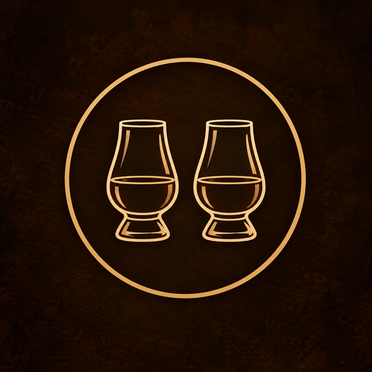 Neon sign of two whiskey glasses inside a circle, on a dark background.