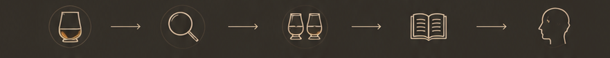 Sequence illustrating a beverage being poured into a glass, a magnifying glass, two glasses clinking, an open book, and a human head in profile.