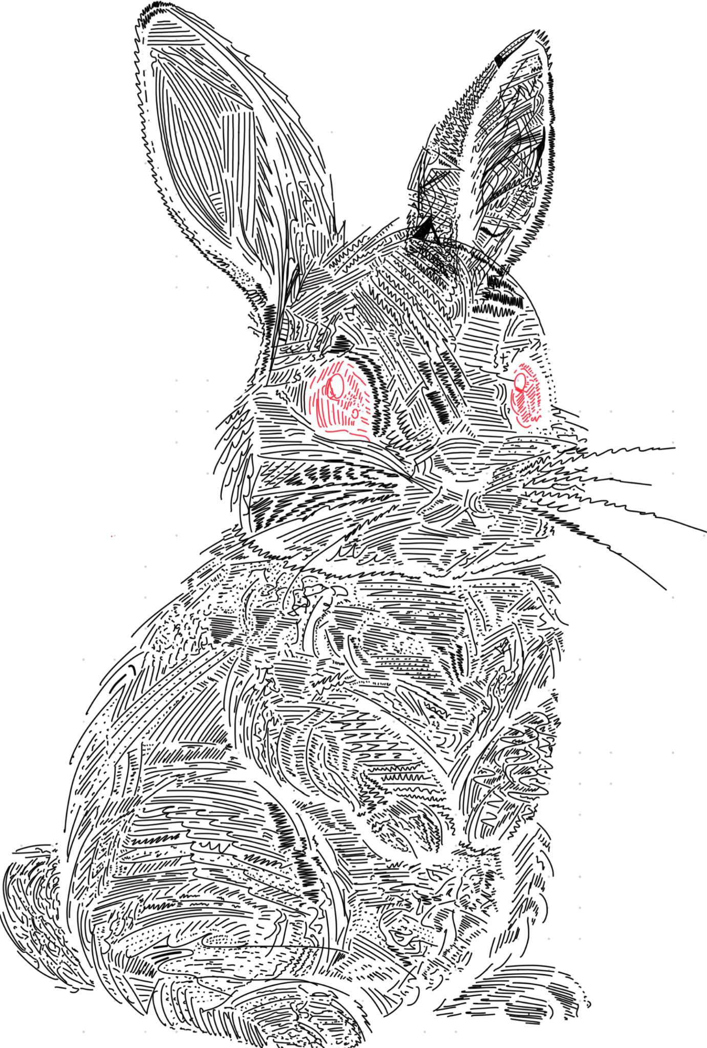 Line drawing of a rabbit with colored eyes.