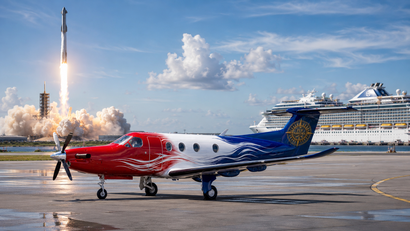 Fly Navora aircraft at the Florida Space Coast with a rocket launch and cruise ships