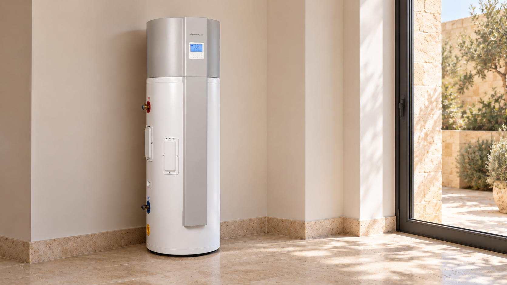 Illustrative Immergas Rapax hot-water heat pump in a Maltese utility room