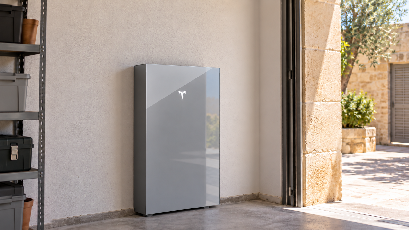Illustrative Tesla home battery installation in a Maltese garage