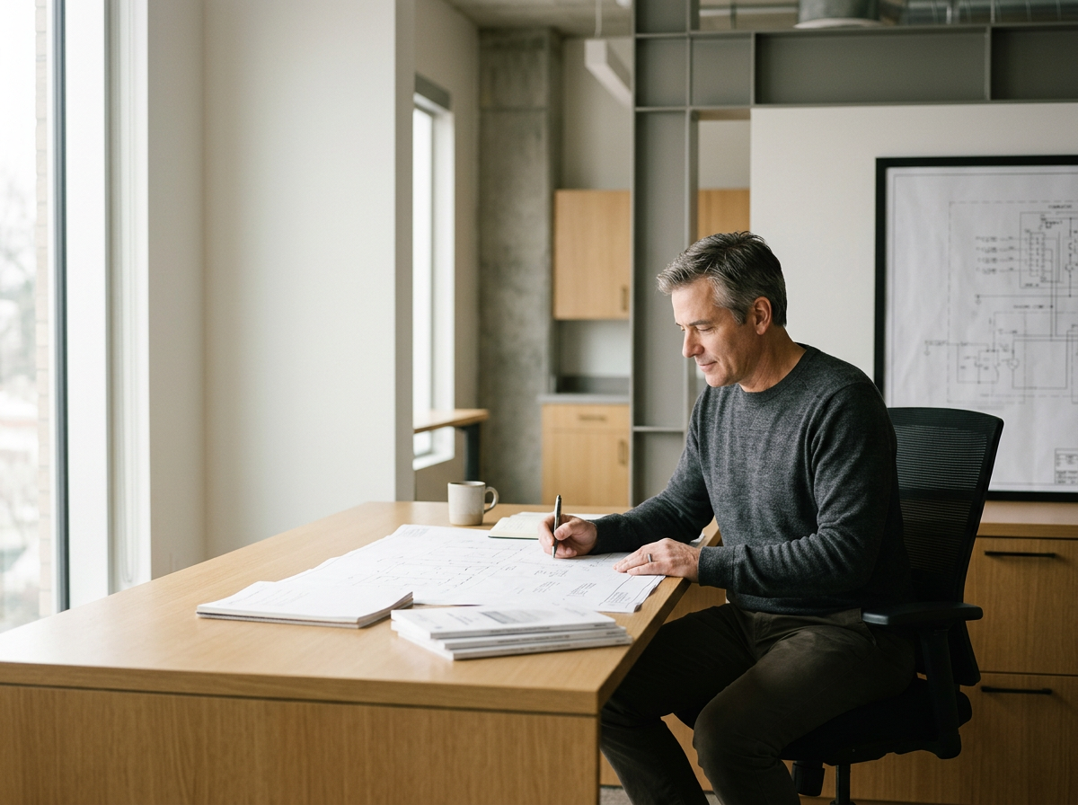 A man sitting at a desk working on architectural or engineering drawings with a coffee mug nearby, in an office with large windows and natural light.