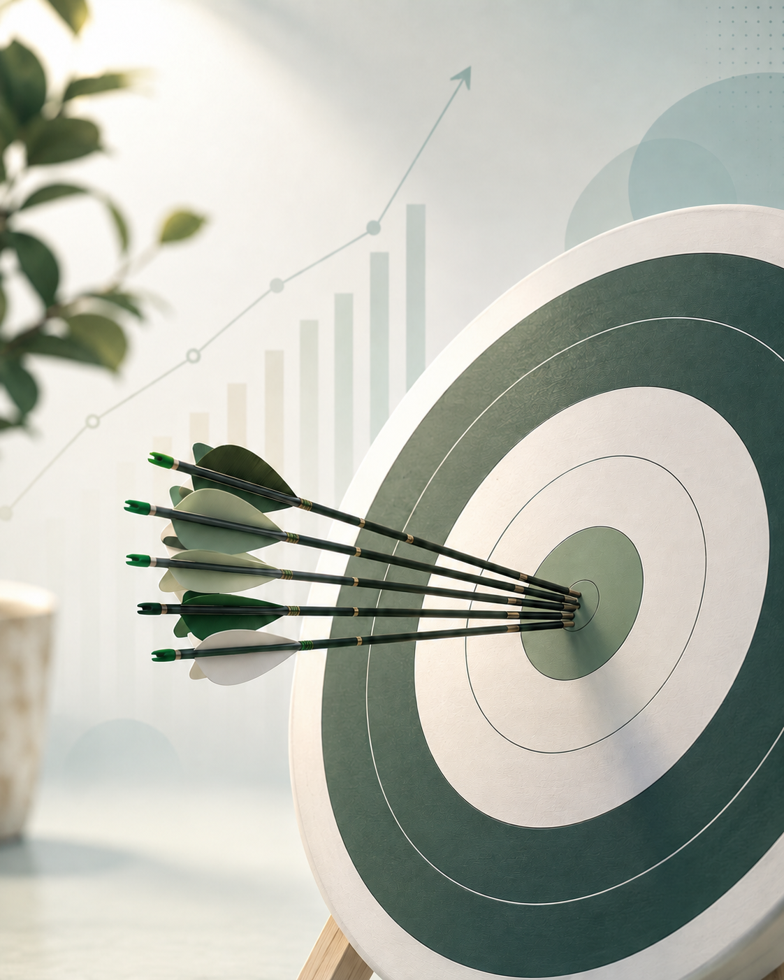 A target with five arrows hitting the bullseye, with a background featuring a graph with ascending bars and an upward trending line.