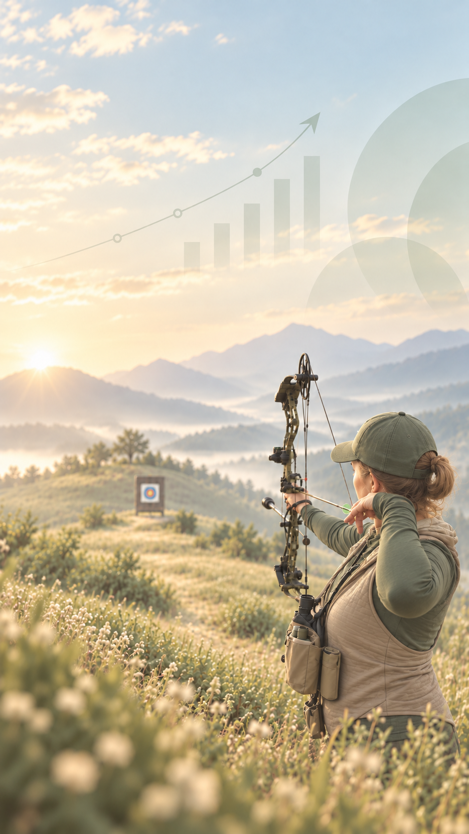 A woman in outdoor clothing and a baseball cap is aiming a compound bow at a target in a scenic mountainous landscape during sunrise or sunset, with a cloudy sky and a rising or setting sun.
