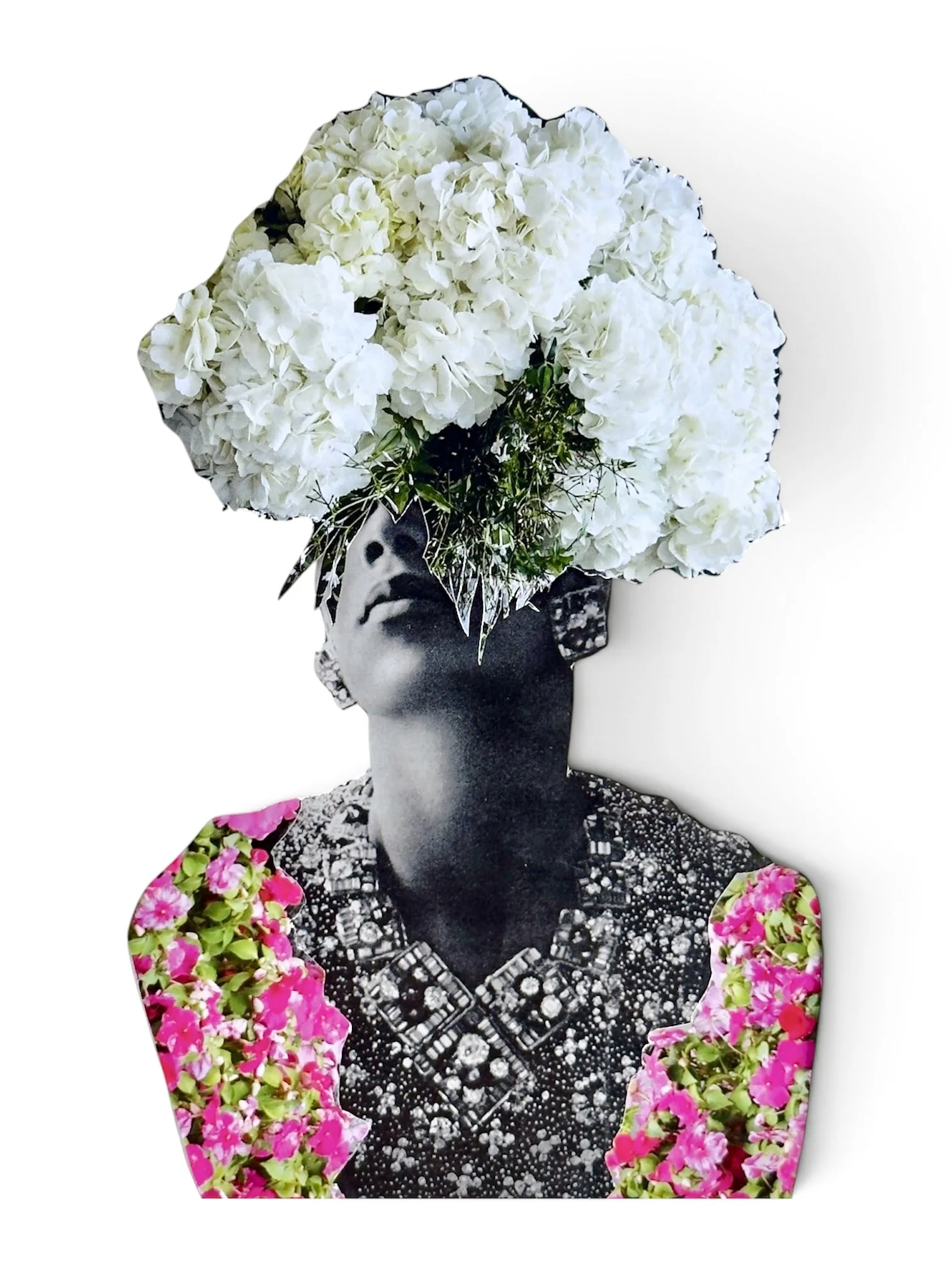 Collage of a woman with flowers for the head, black and white dress with patterns, surrounded by pink and green flowers against a plain background.