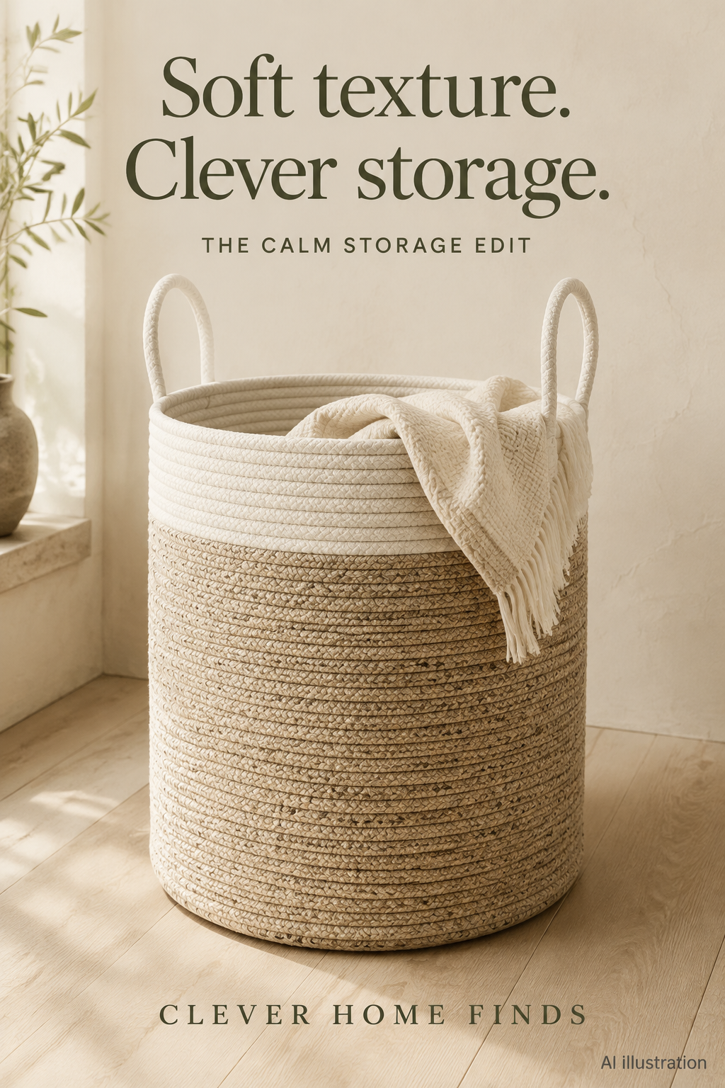 Two-tone cotton rope storage hamper in a calm room