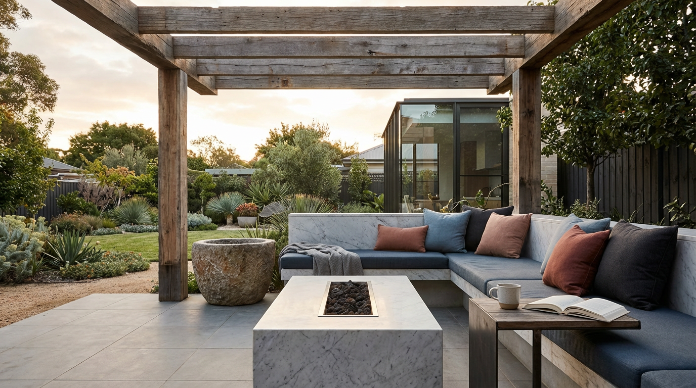 Outside patio area with a modern marble fire pit, stone planter, built-in marble seating with colorful cushions, a coffee table with a mug and an open book, under a wooden pergola, surrounded by lush greenery and trees.