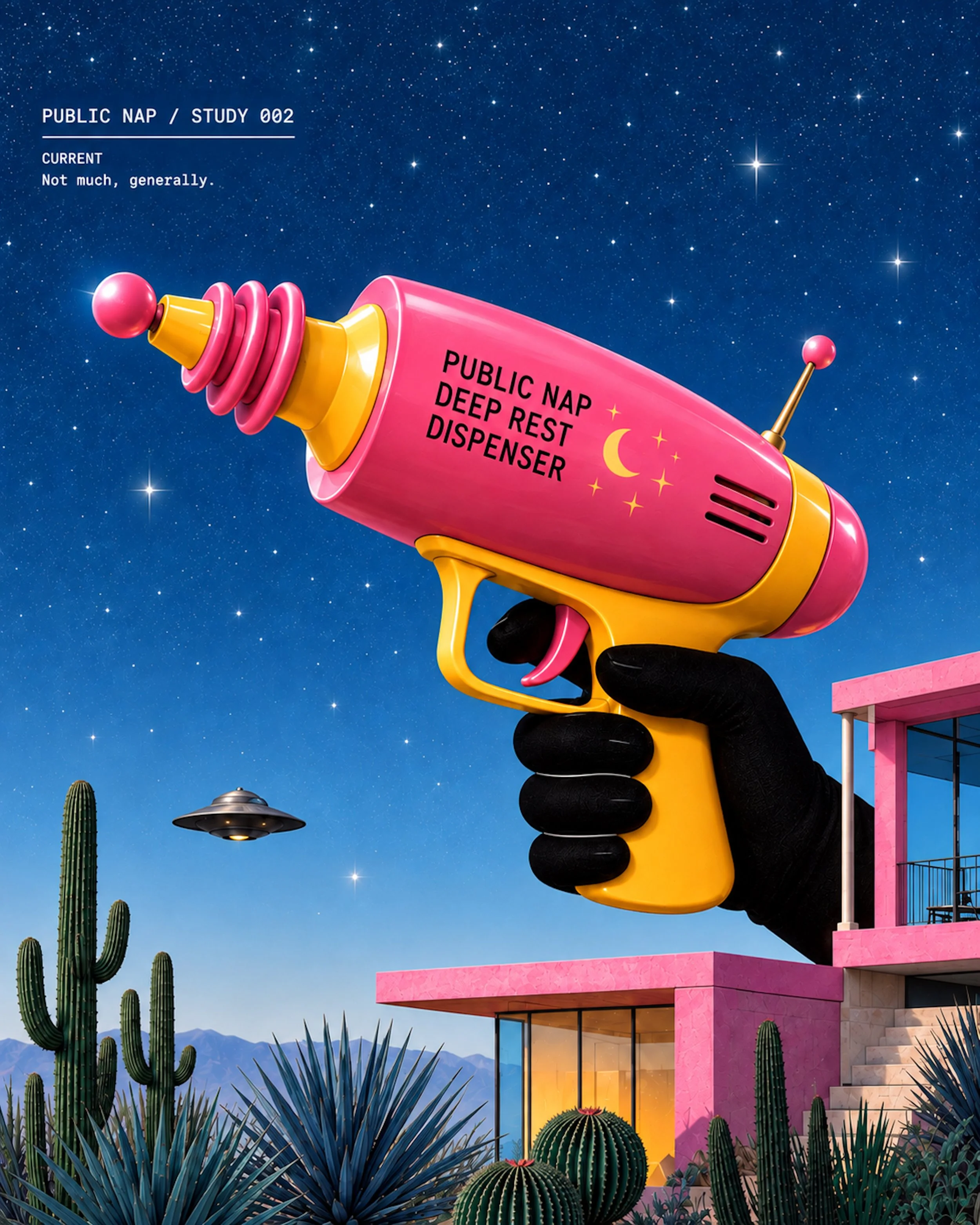 A colorful, stylized robot-shaped water dispenser labeled 'Public Nap Deep Rest Dispenser' held in a gloved hand against a starry night sky. The scene includes desert plants and a pink building with large glass windows.