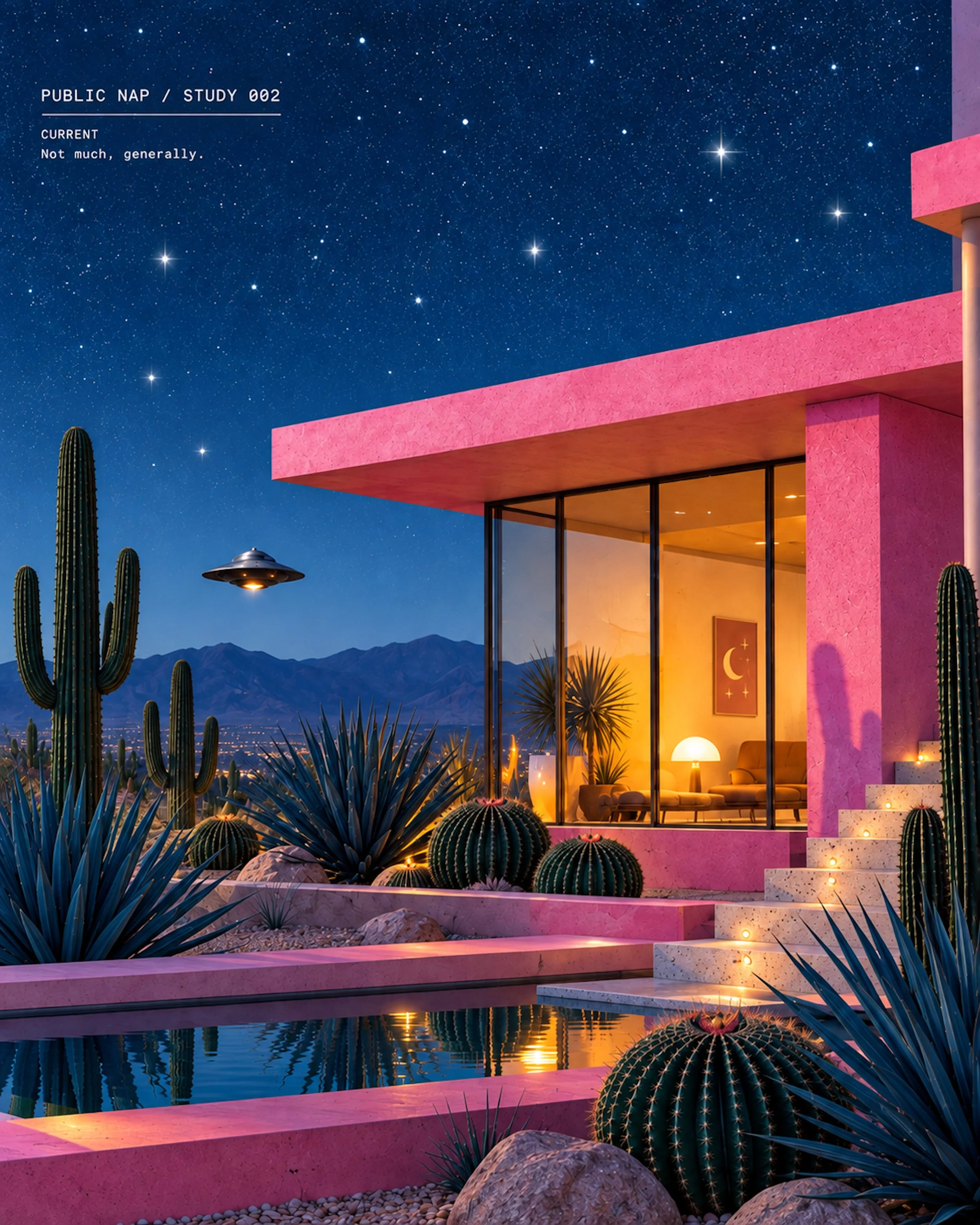 Night view of a pink modern house with large glass windows, surrounded by desert plants including cacti, with a starry sky and mountains in the background, and a pool reflecting the scene.