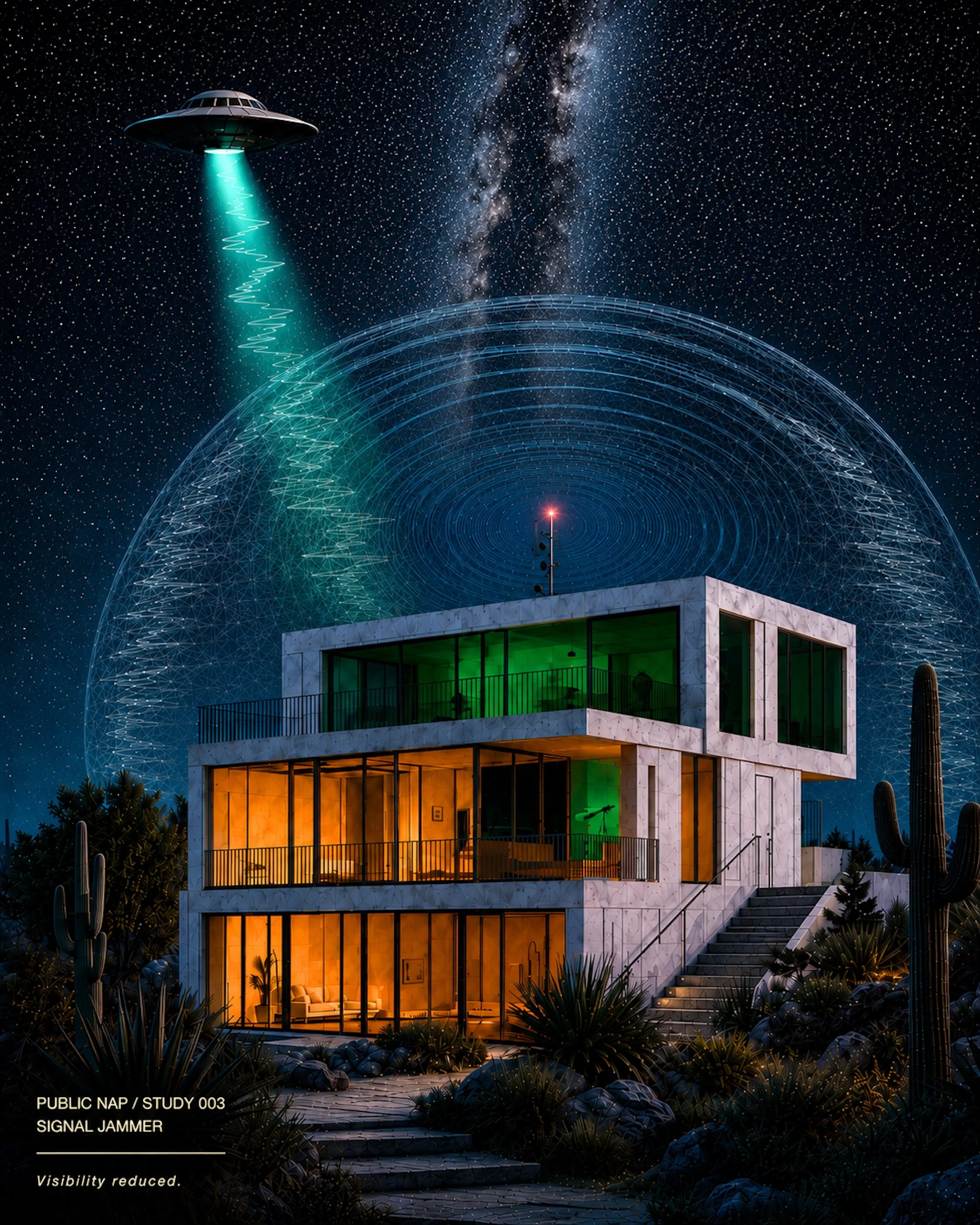 Nighttime scene of a modern, multi-story house with large windows, illuminated from within, surrounded by desert plants and rocks. An alien spaceship in the sky emits a blue beam of light, and the starry sky features the Milky Way galaxy. Text overlay reads 'PUBLIC NAP / STUDY 003 SIGNAL JAMMER. Visibility reduced.'