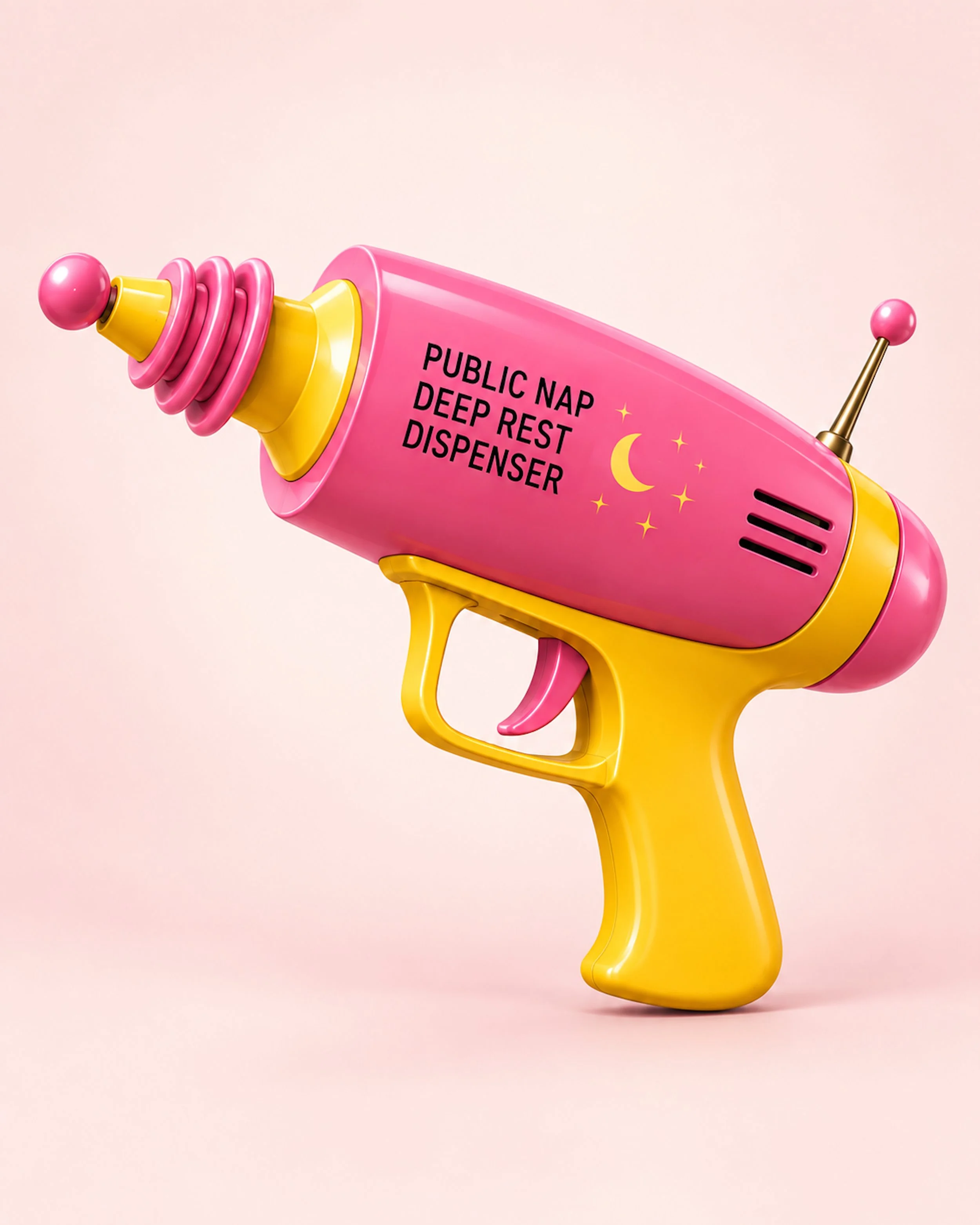 Colorful toy water gun shaped like a pink and yellow futuristic gun with a moon and stars decal, set against a pink background.
