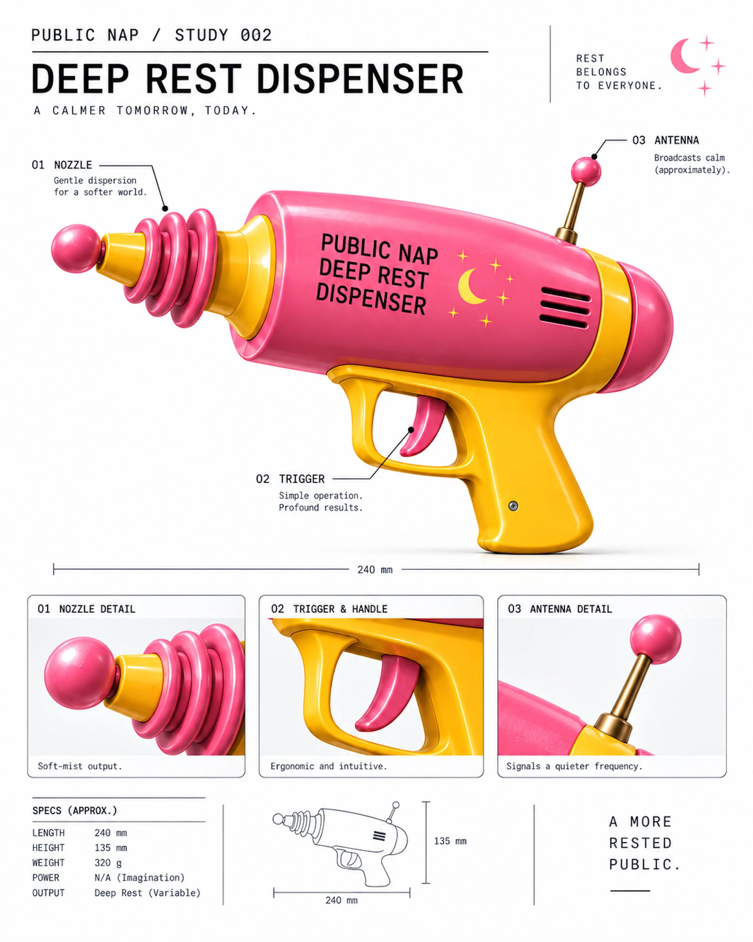 Diagram of a pink and yellow deep rest dispenser toy designed for relaxation, featuring labeled components including a nozzle, trigger, and antenna, with text describing its calming functions and specifications.
