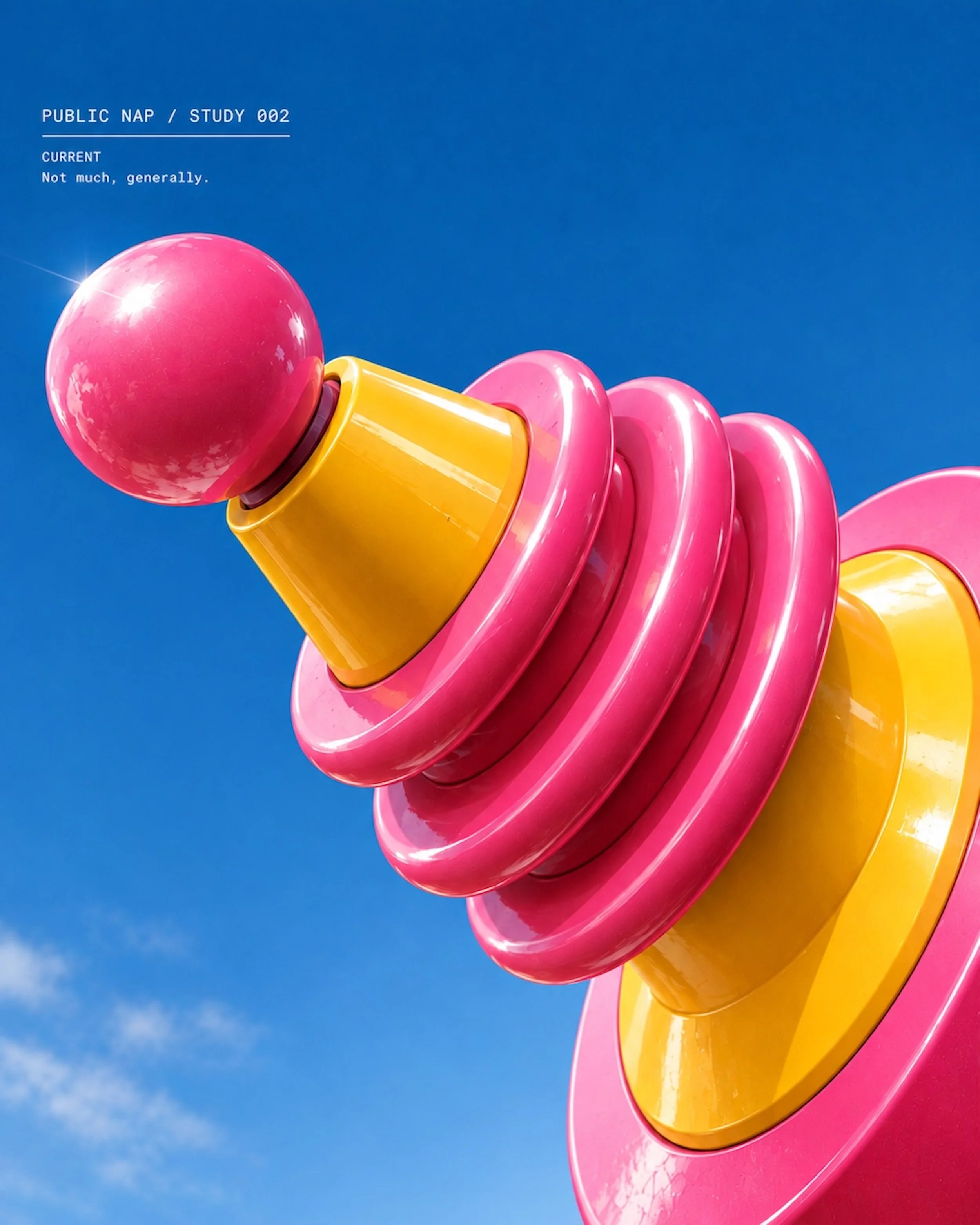 Close-up view of a colorful sculpture resembling a swirl lollipop with pink, yellow, and red colors against a blue sky background.
