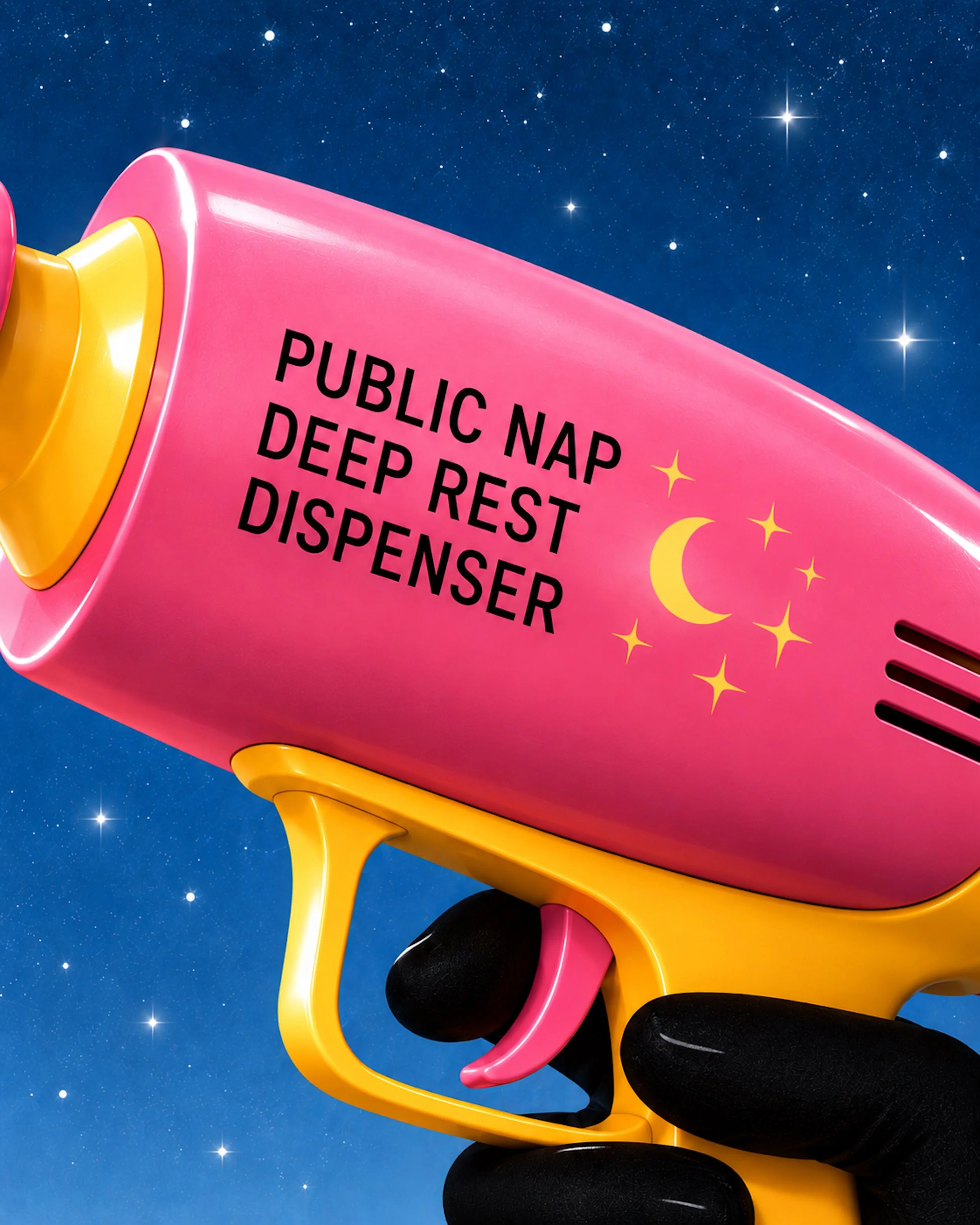 A pink and yellow toy megaphone with black foam ear protection, blue sky background, stars, moons, and a list of phrases including 'public nap,' 'deep rest,' and 'dispenser'.