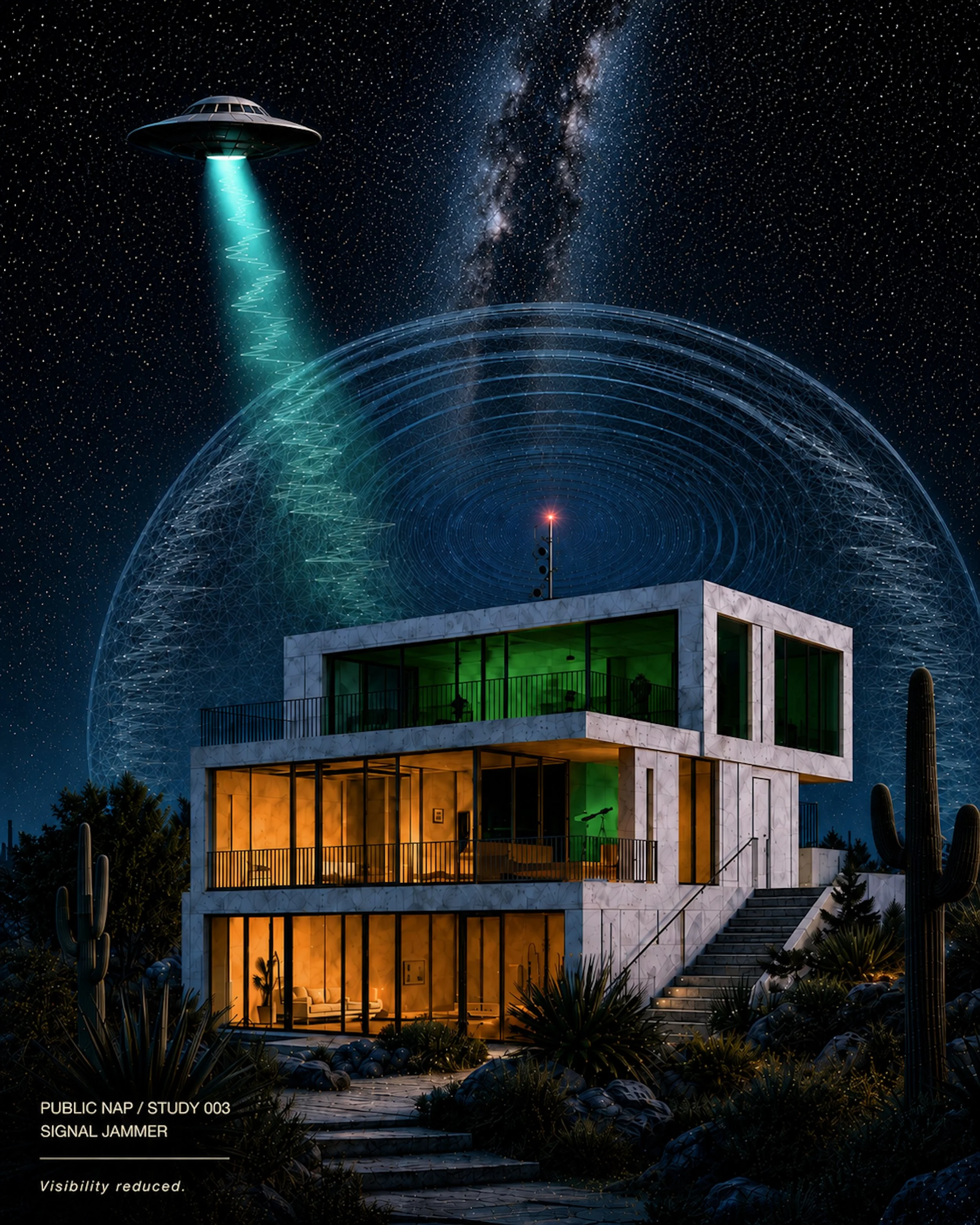 A futuristic building with multiple levels has large glass windows, with interior lights glowing in green, orange, and yellow. There are steps leading up to the building, surrounded by desert plants and cacti. The night sky above is filled with stars, with the Milky Waygalaxy visible in the background. A UFO emits a blue beam of light, and there are visual representations of signals or energy waves emanating from it, creating a sci-fi scene.