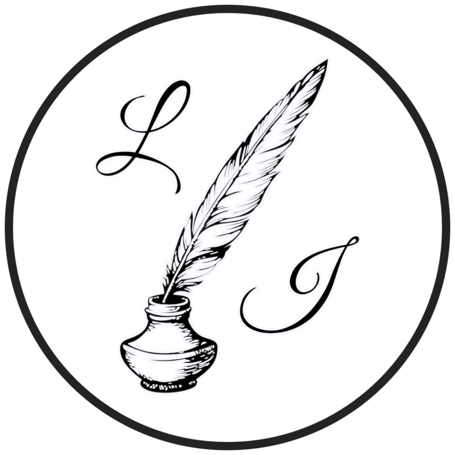 A black and white logo featuring a quill pen in an ink bottle, and the letter 'L' and 'J' in cursive font.