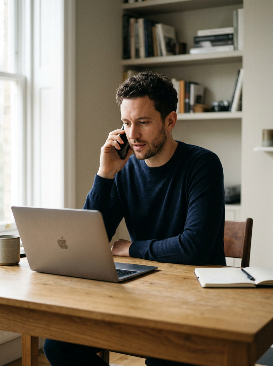 Man sitting at a wooden table with a MacBook, talking on a cellphone, in a room with bookshelves.