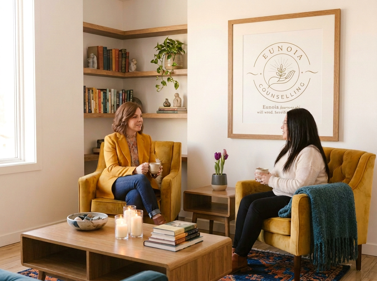 Two women sitting in a cozy counseling office, engaging in a conversation while holding cups. The room features yellow armchairs, a wooden coffee table with candles and books, a bookshelf with decorative items, and a large framed logo of Eunioia Counseling on the wall.