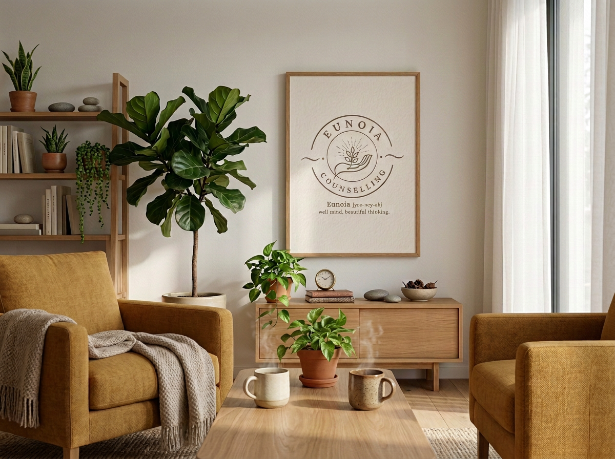 A cozy living room with two mustard-colored armchairs facing each other, a wooden coffee table with two ceramic mugs and a potted plant, a large fiddle leaf fig plant, a wooden shelf with books and small plants, a wooden sideboard with decorative items, and a framed illustration of the Eunoia Counseling logo on the wall, next to sheer curtains covering a window.