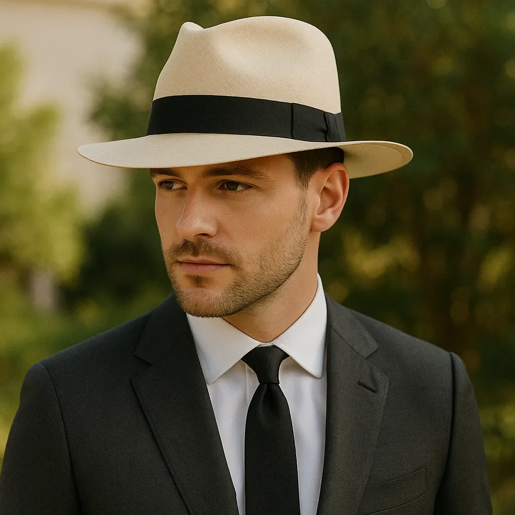 A man wearing a light-colored fedora with a black band, a black suit, white shirt, and black tie, outdoors with blurred green foliage in the background.