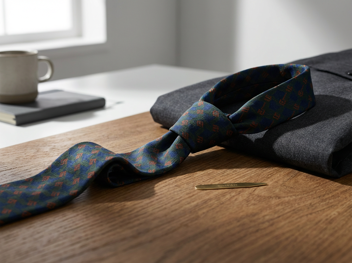 A flat lay of a men's necktie, folded shirt, and a pen on a wooden desk with a cup and books in the background.