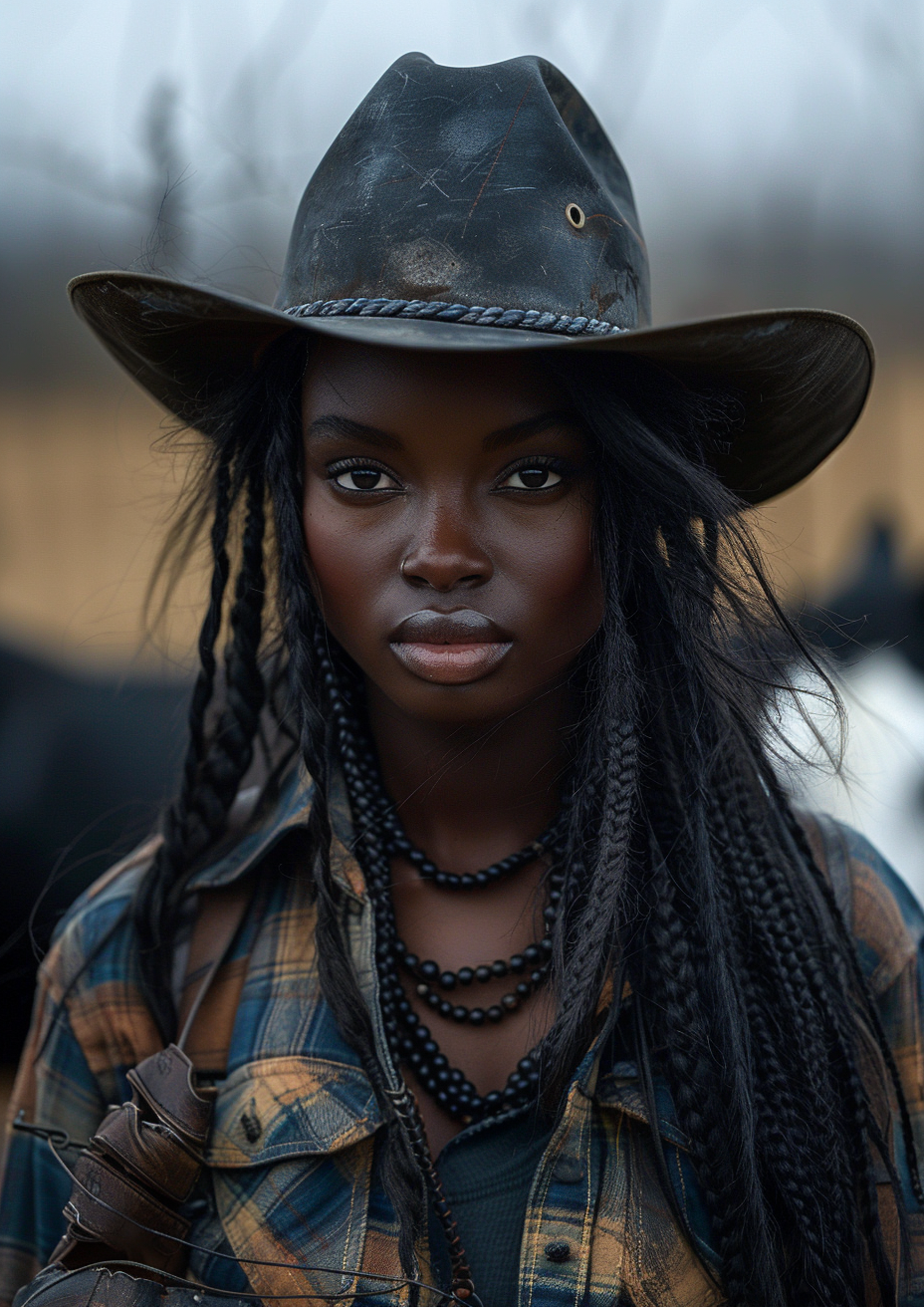 A woman wearing a weathered black cowboy hat with braided hair, dark skin, and wearing layered black bead necklaces, dressed in a plaid shirt, outdoors with horses in the background.