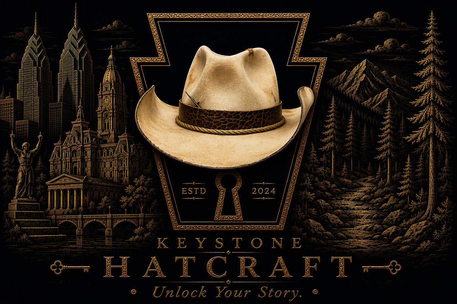 A decorative display of a beige cowboy hat with a brown band featuring a textured pattern, placed against a black background with gold illustrations of cityscapes, mountains, trees, and a statue, with the text 'Keystone Hatcraft' and 'Unlock Your Story.'