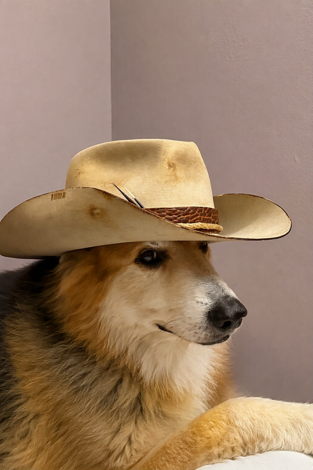 A dog wearing a cowboy hat, resting its head and paw on a surface against a plain background.