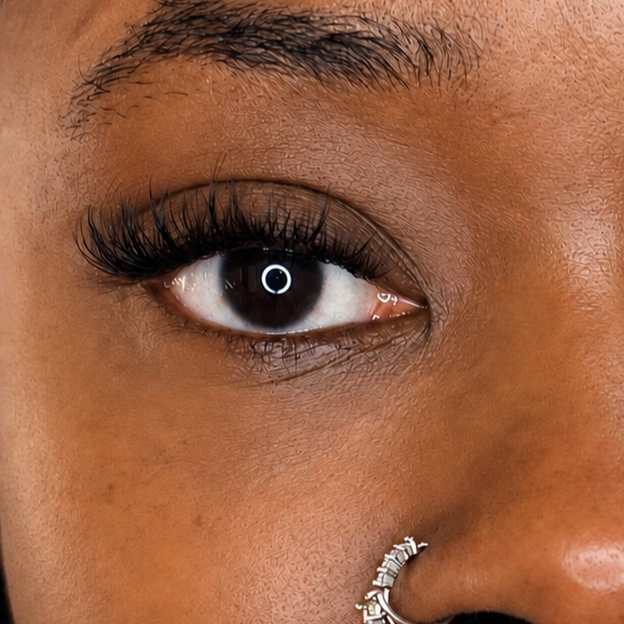     Close-up of custom volume lash extensions with a soft, full finish at Flaunt & Flutter Lashery.