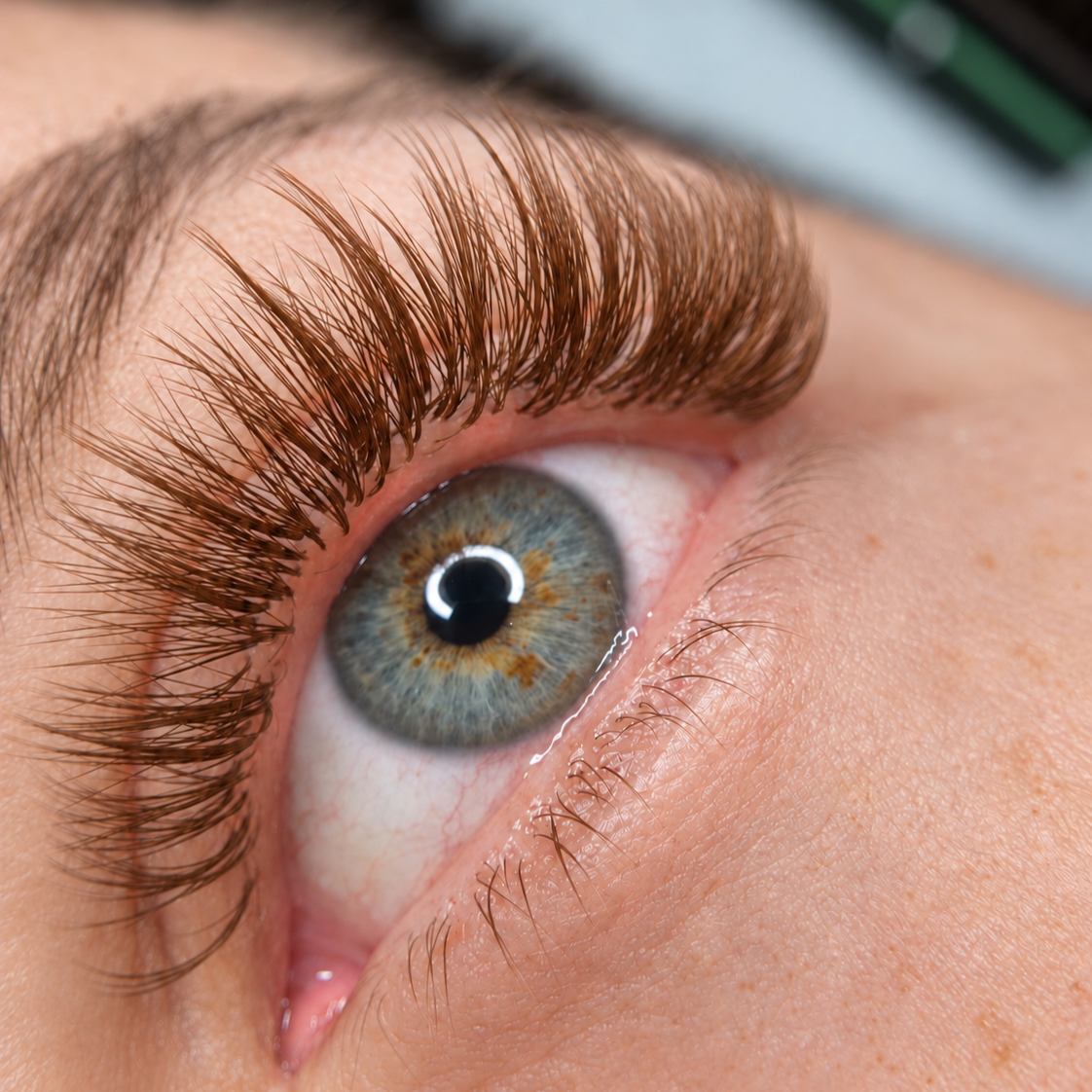     Close-up of soft brown lash extensions customized to complement the client’s features.